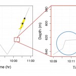 A plot showing the depths and times when the gliders were struck by sharks
